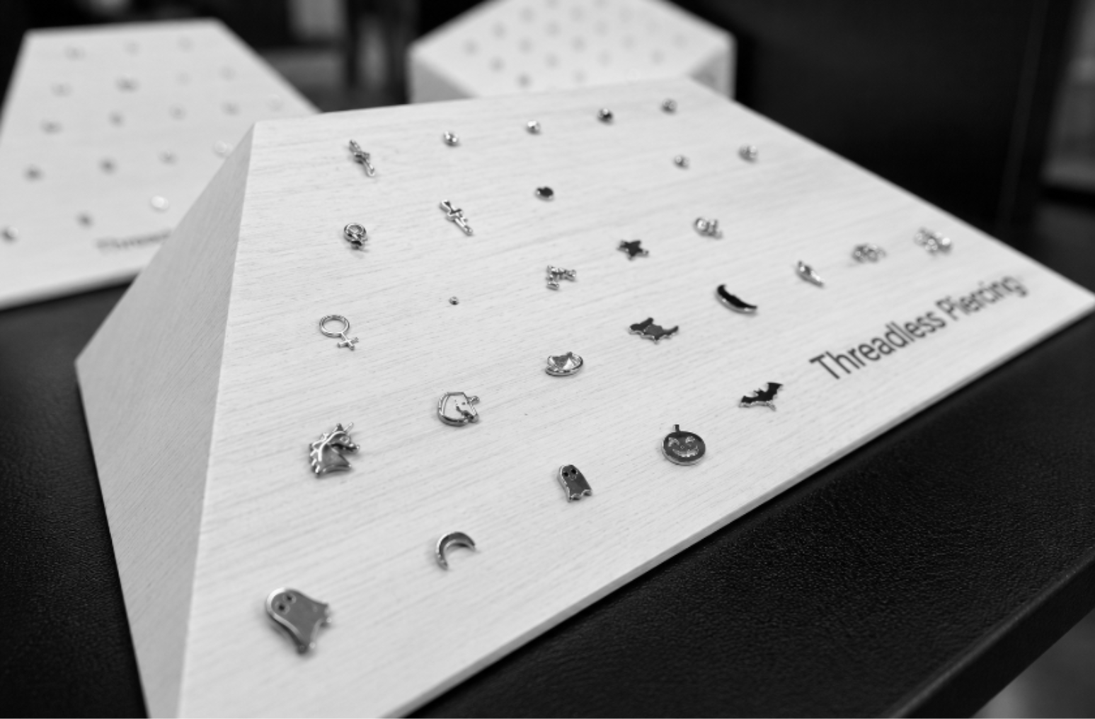 Threadless piercing jewelry display at Queen of Hearts Nashville